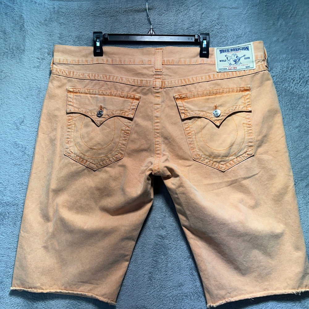 Y2K True Religion Orange Denim Cut Off Shorts Size 42 World Tour Flap Pocket Big